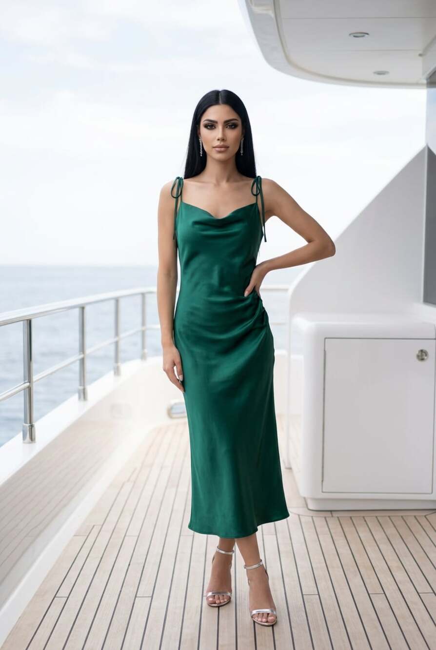Cinderella Divine Satin Cowl Neck Midi Dress with Side Slit size medium